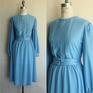 Vintage 1980's Dress with Belt, Cathy Sue Blue Frock, Lace Trim, Secretary Dress